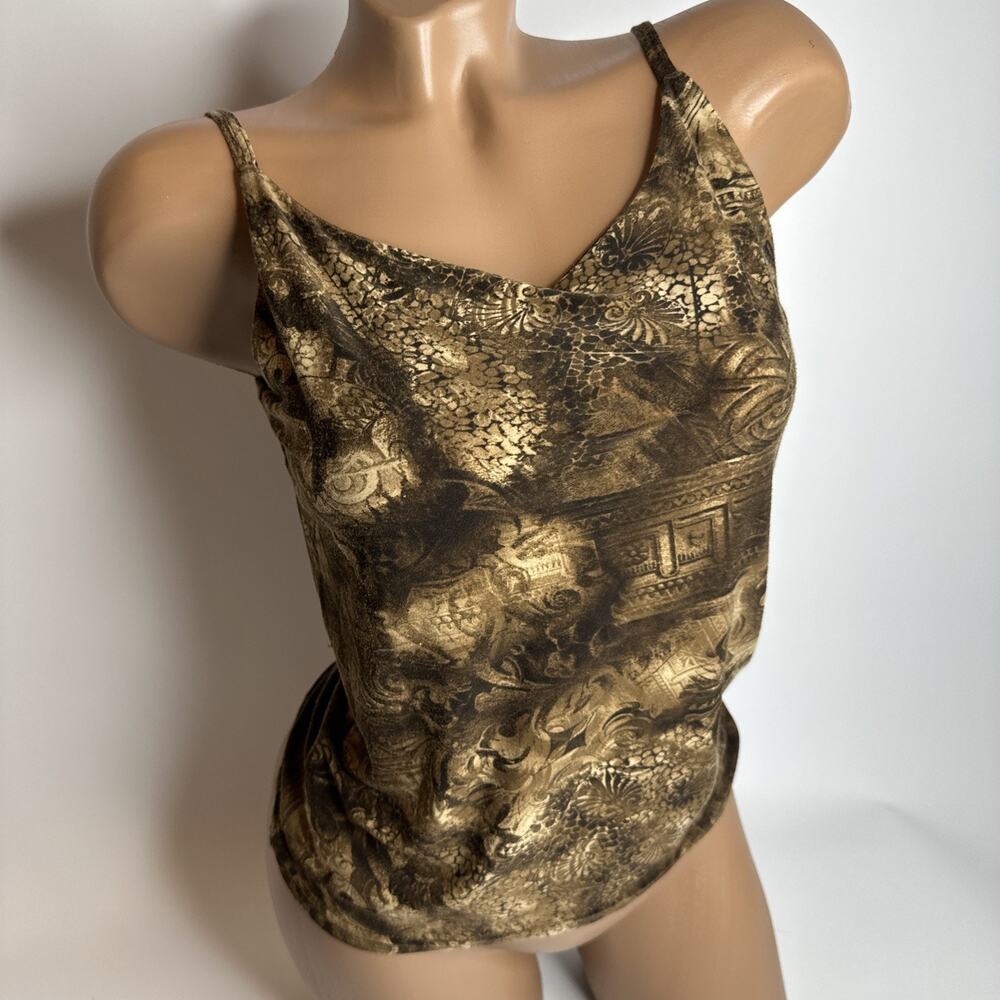 Vintage Best Look Paris Womens Small Baroque Print Cami Top Brown Gold Boho Fun